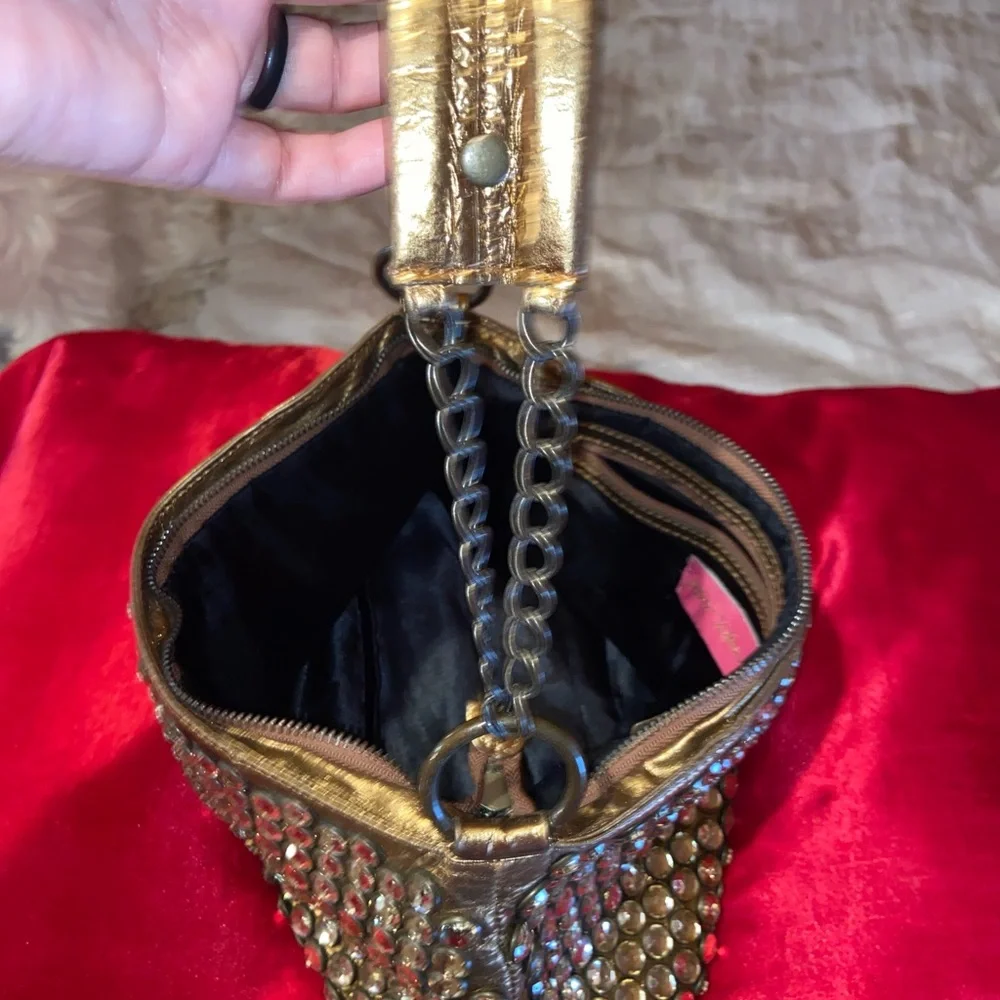 Betsey Johnson Gold Jeweled Shoulder Bag with Red Accents
